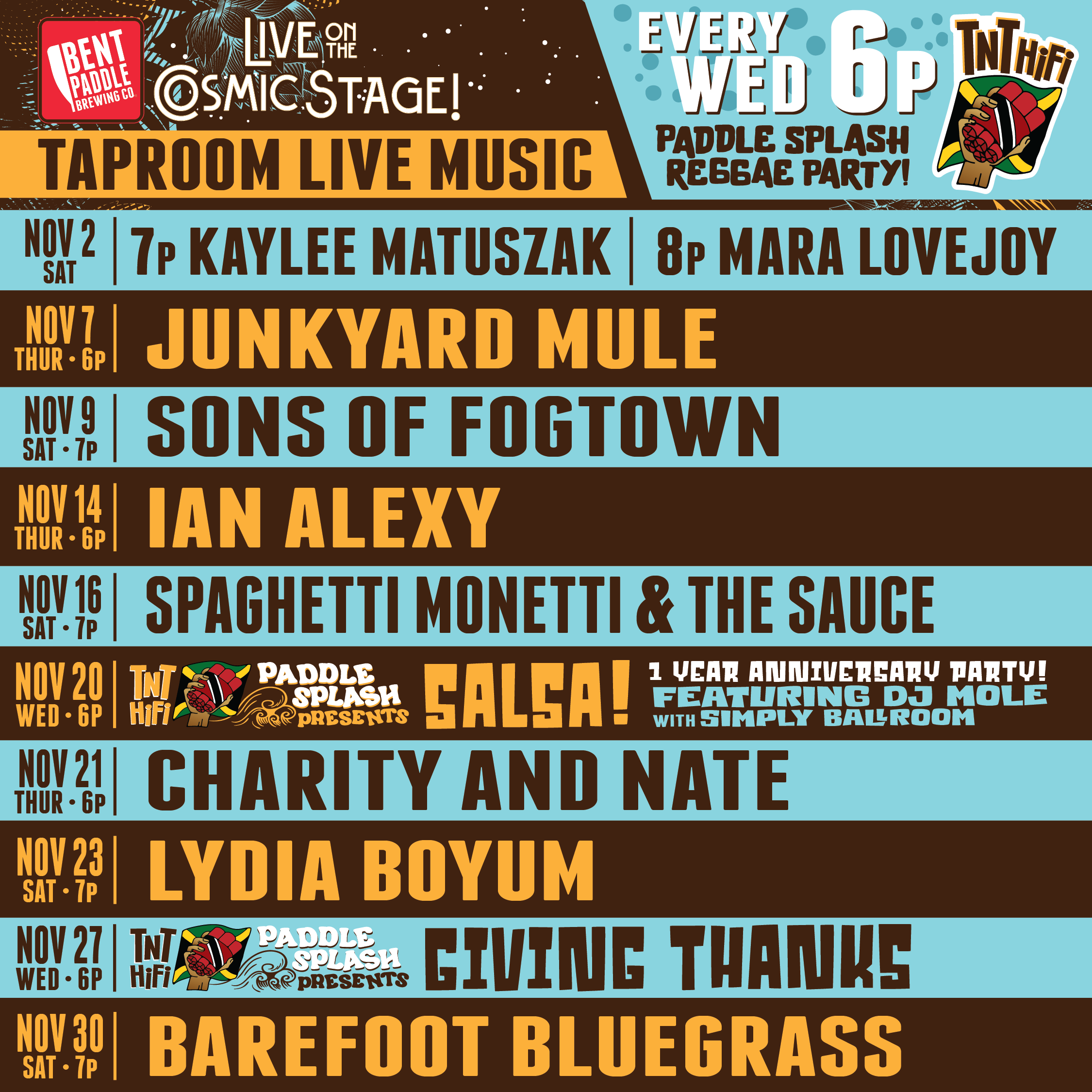 Live music lineup bent paddle november