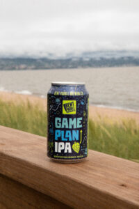 Game Plan IPA sitting on railing park point MN