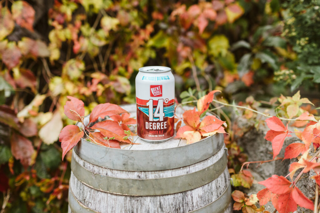 14 degree beer on top of barrel with fall leaves