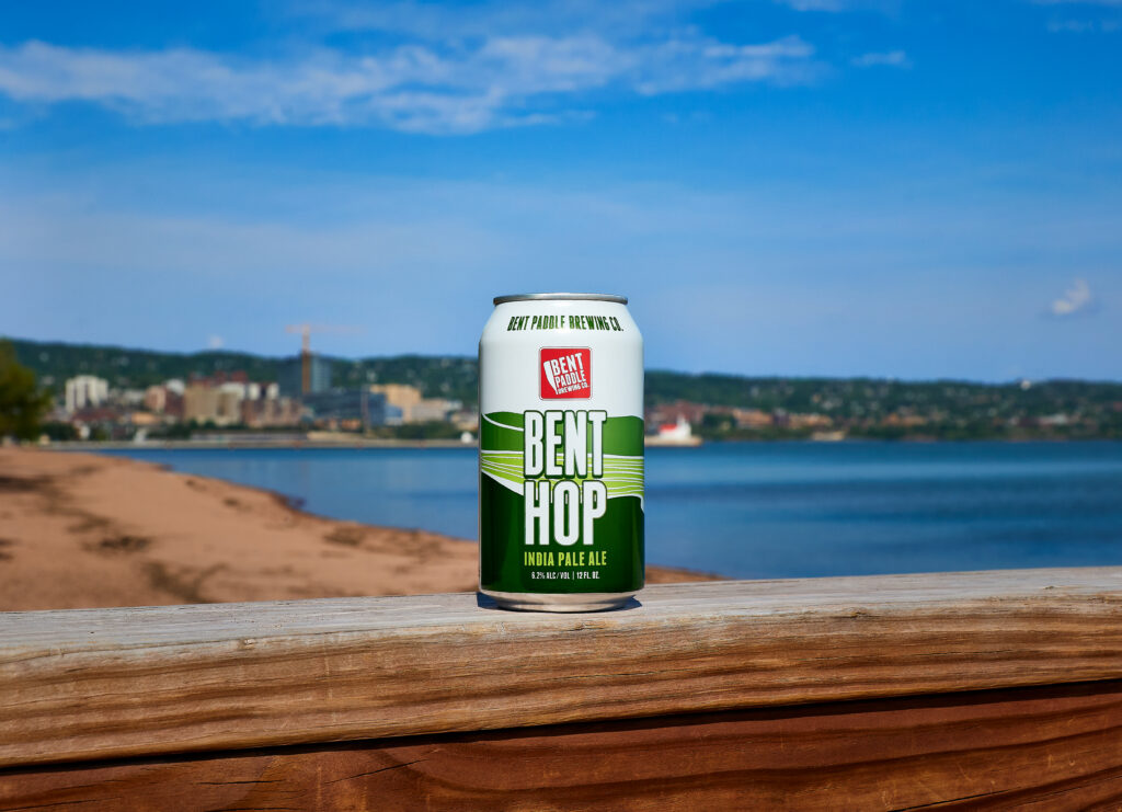 Bent Hop IPA can sitting on railing at Park Point Duluth, MN 