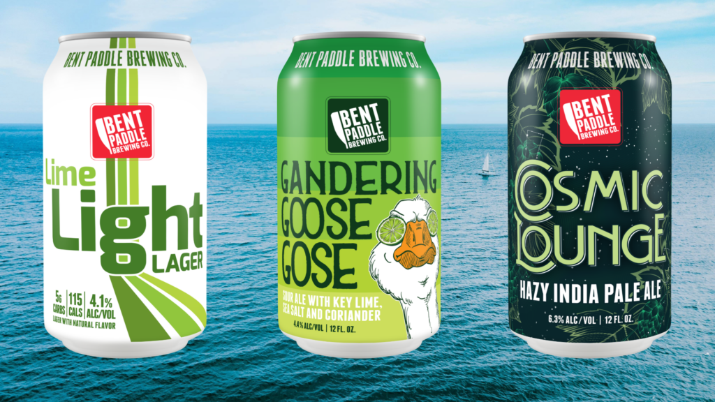 Lime light, Gandering Goose Gose, and cosmic lounge mock up cans layered on Lake Superior background